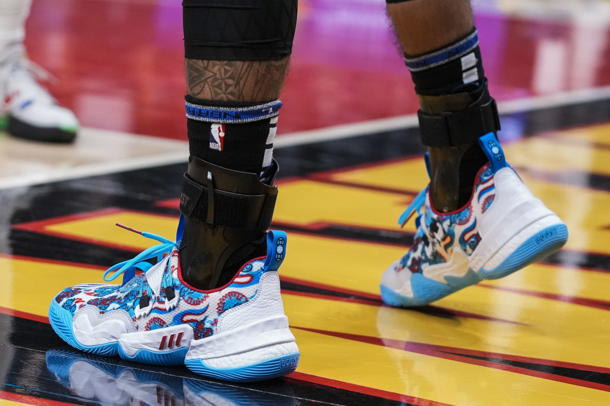 Feb 8, 2022; Atlanta, Georgia, USA; The shoes of Atlanta Hawks guard Trae Young (11) on the floor during the game against the Indiana Pacers during the second half at State Farm Arena.