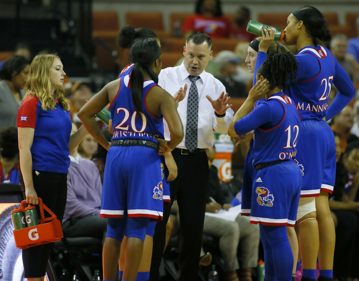 Feb 11, 2017; Austin, TX, USA; Kansas Jayhawks head coach Brandon Schneider on the sidelines against the University of Texas Longhorns at the Frank Erwin Center. Mandatory Credit: Erich Schlegel-USA TODAY Sports