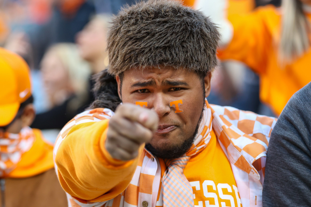 A Tennessee Volunteer fan reacts to a play against the Florida Gators during the first half at Neyland Stadium.