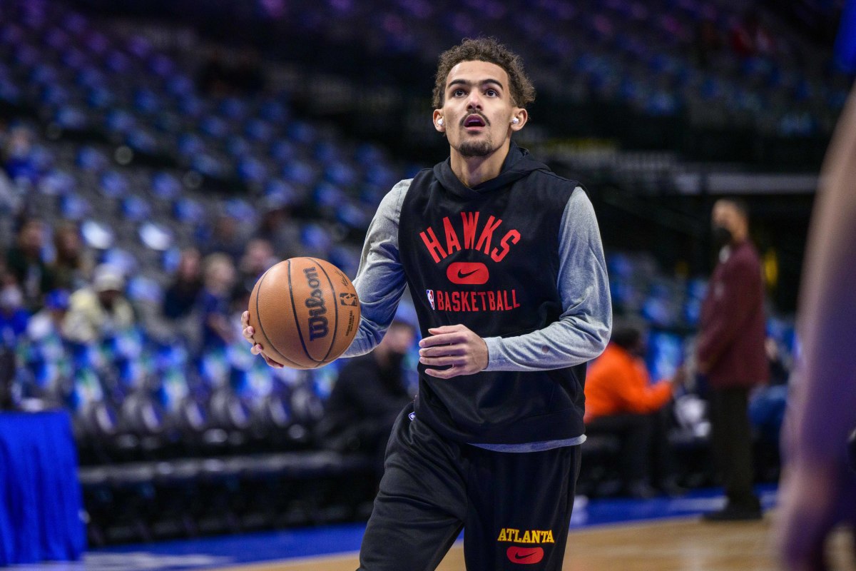 Feb 6, 2022; Dallas, Texas, USA; Atlanta Hawks guard Trae Young (11) warms up before the game against the Dallas Mavericks at the American Airlines Center.