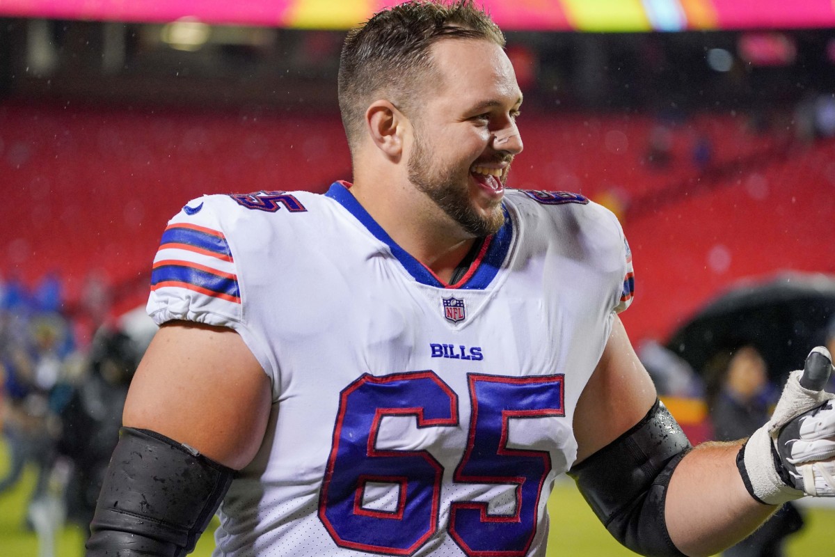 Oct 10, 2021; Kansas City, Missouri, USA; Buffalo Bills guard Ike Boettger (65) leaves the field against the Kansas City Chiefs after the game at GEHA Field at Arrowhead Stadium.