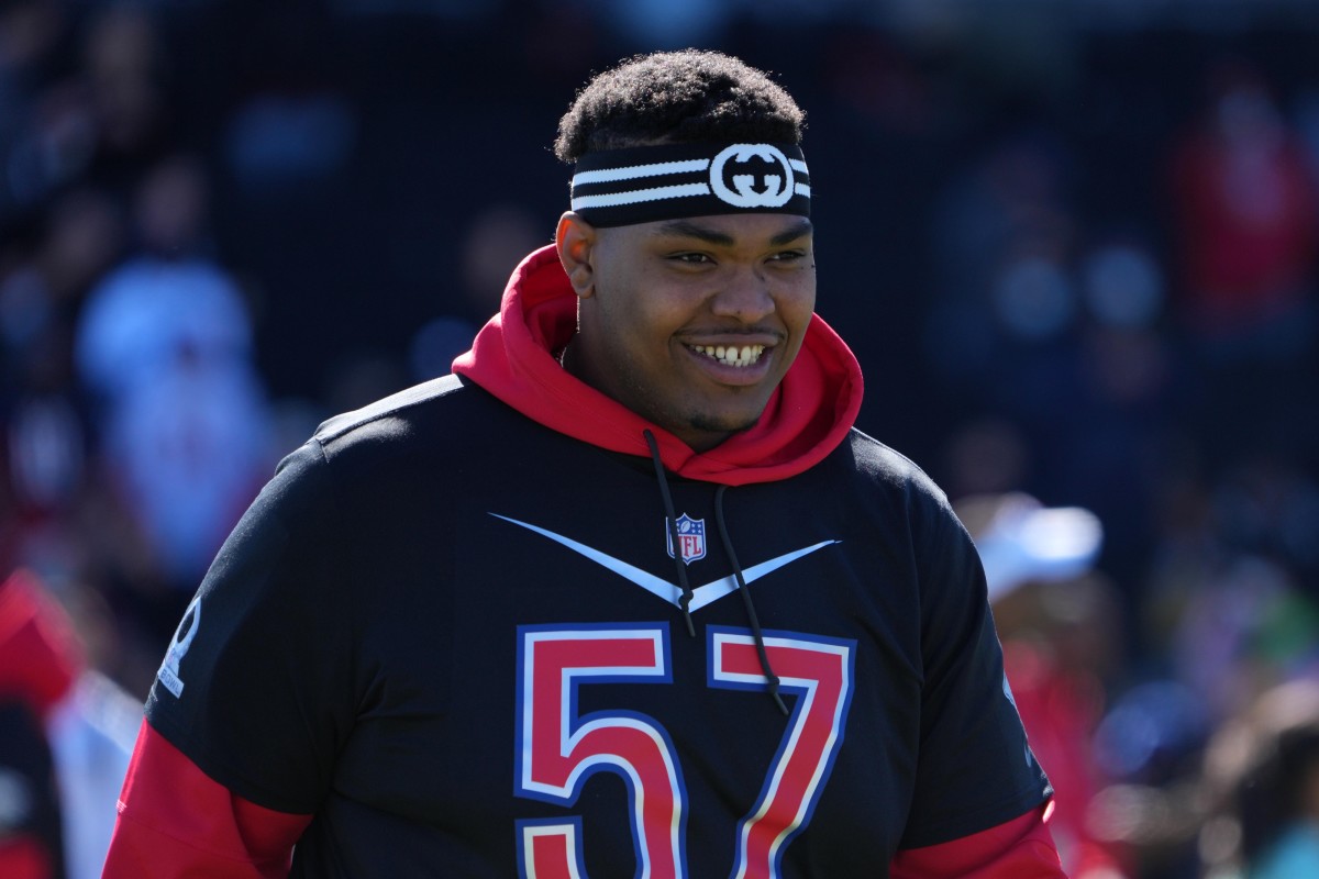 Feb 4, 2022; Las Vegas, NV, USA; Kansas City Chiefs tackle Orlando Brown (57) during AFC practice at the Las Vegas Ballpark. Mandatory Credit: Kirby Lee-USA TODAY Sports
