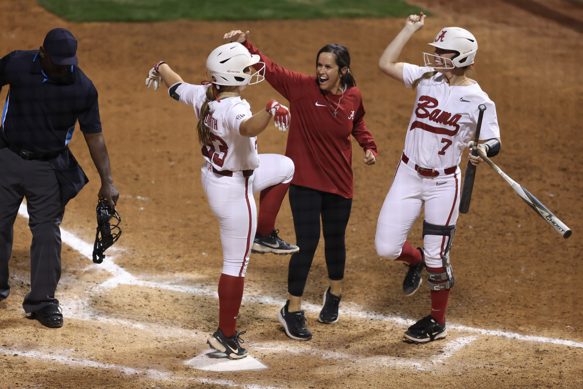 Megan Bloodworth celebrates home run against Texas