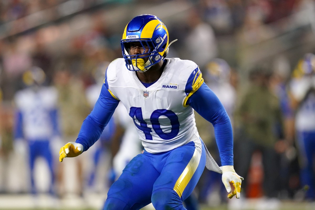 Nov 15, 2021; Santa Clara, California, USA; Los Angeles Rams outside linebacker Von Miller (40) defends a play against the San Francisco 49ers in the fourth quarter at Levi's Stadium. Mandatory Credit: Cary Edmondson-USA TODAY Sports