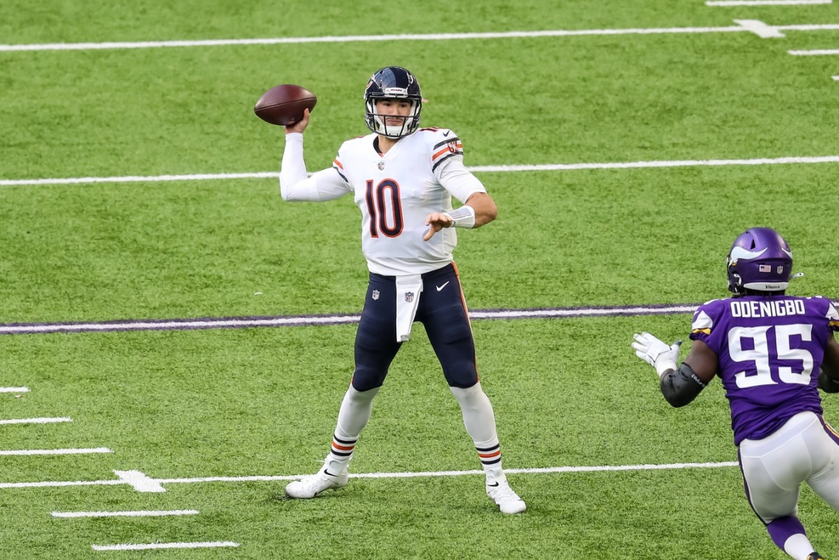 Dec 20, 2020; Chicago Bears quarterback Mitchell Trubisky (10) throws against the Minnesota Vikings. Mandatory Credit: Brace Hemmelgarn-USA TODAY Sports