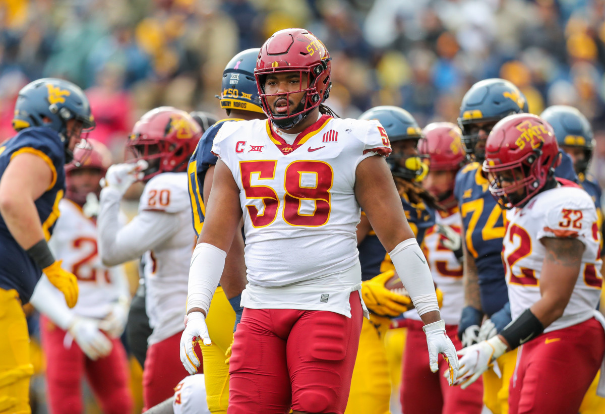 Oct 30, 2021; Morgantown, West Virginia, USA; Iowa State Cyclones defensive end Eyioma Uwazurike (58) during the first quarter against the West Virginia Mountaineers at Mountaineer Field at Milan Puskar Stadium. Mandatory Credit: Ben Queen-USA TODAY Sports