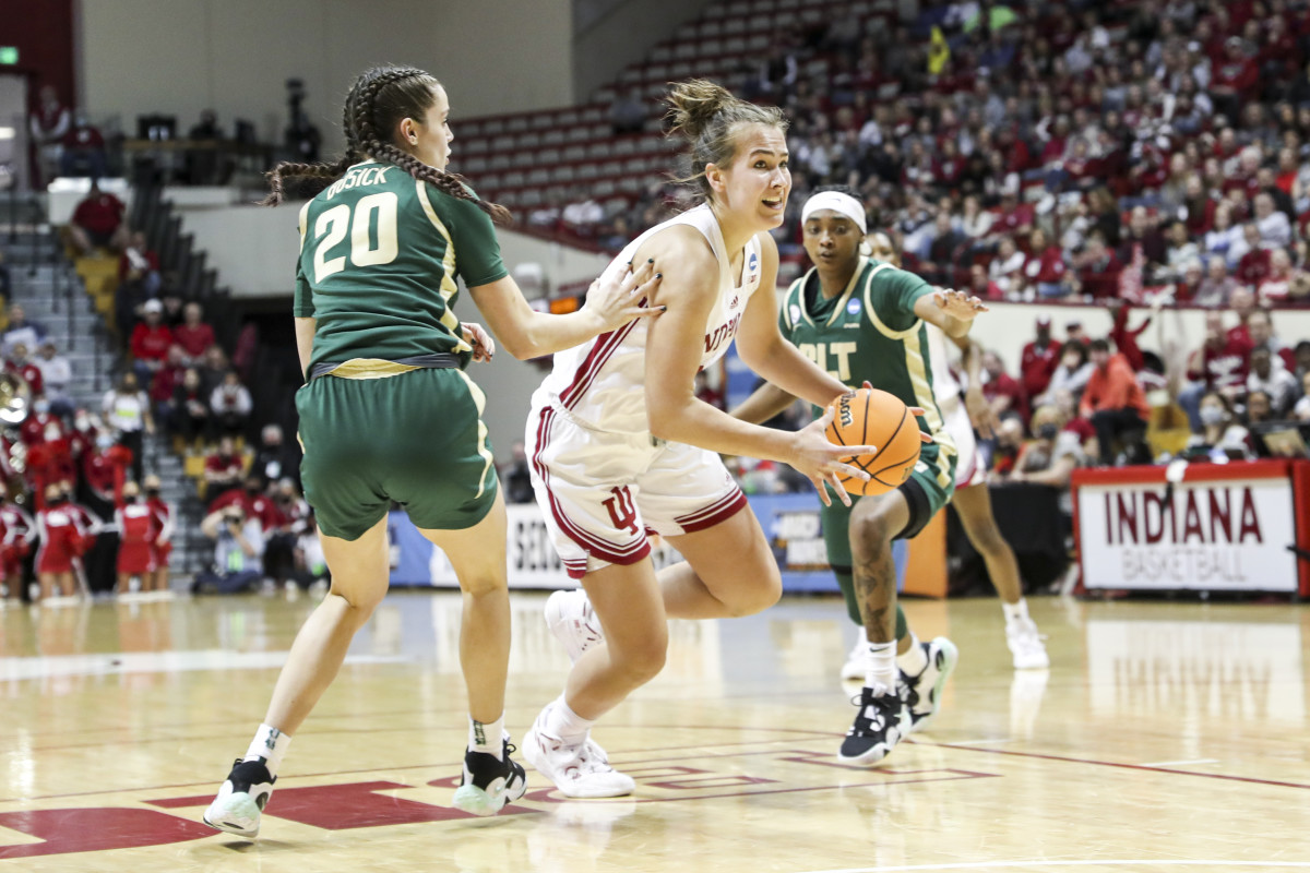 Aleksa Gulbe dribbles past a Charlotte defender.