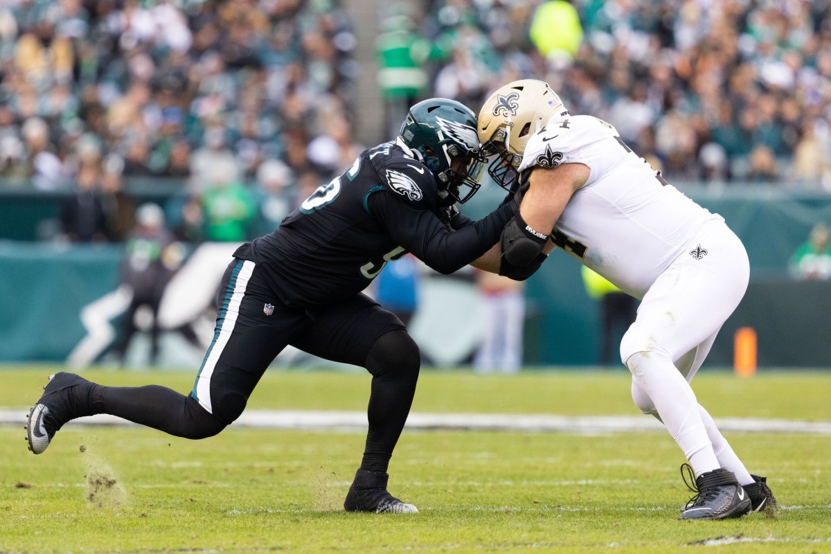 Philadelphia Eagles defensive end Derek Barnett (96) and New Orleans Saints guard James Hurst (74) in action. Mandatory Credit: Bill Streicher-USA TODAY Sports