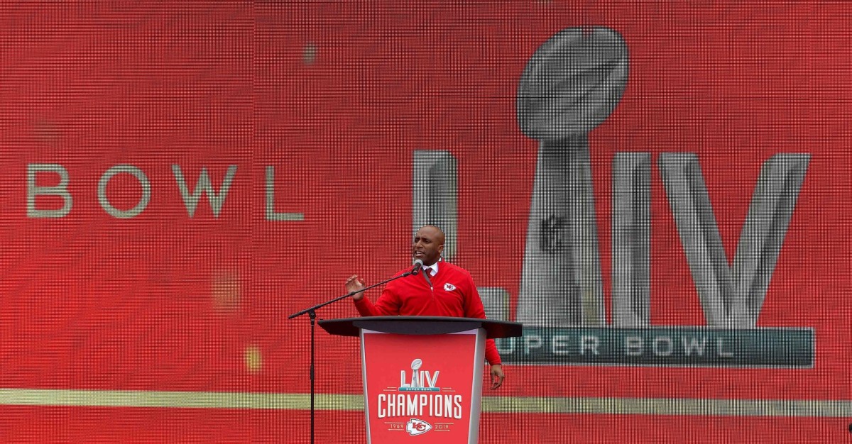 Feb 5, 2020; Kansas City, Missouri, USA; Kansas City mayor Quinton Lucas speaks during the Champions Rally. Mandatory Credit: Denny Medley-USA TODAY Sports