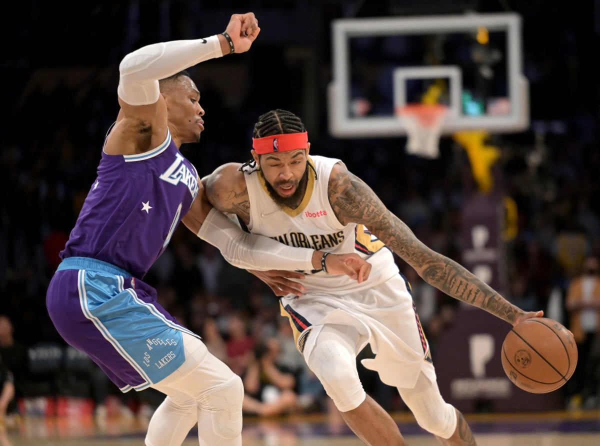 Brandon Ingram drives on Westbrook