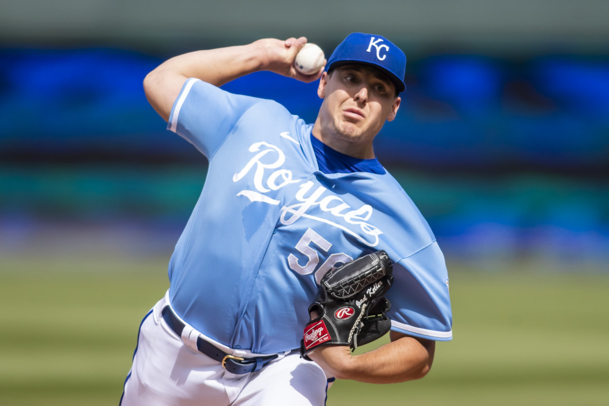Apr 9, 2022; Kansas City, Missouri, USA; Kansas City Royals starting pitcher Brad Keller (56) pitches the ball against the Cleveland Indians at Kauffman Stadium. Mandatory Credit: Nick Tre. Smith (FLO)-USA TODAY Sports