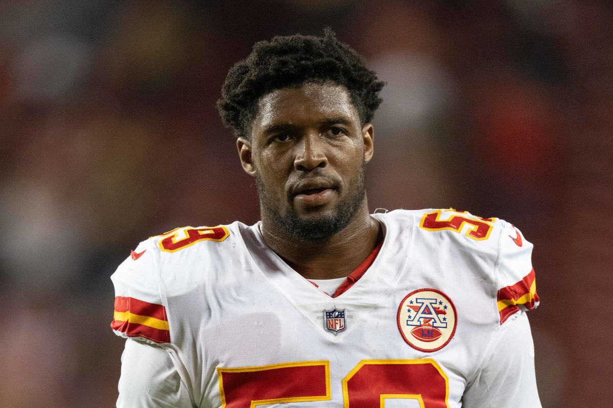 August 14, 2021; Santa Clara, California, USA; Kansas City Chiefs defensive end Joshua Kaindoh (59) after the game against the San Francisco 49ers at Levi's Stadium. Mandatory Credit: Kyle Terada-USA TODAY Sports
