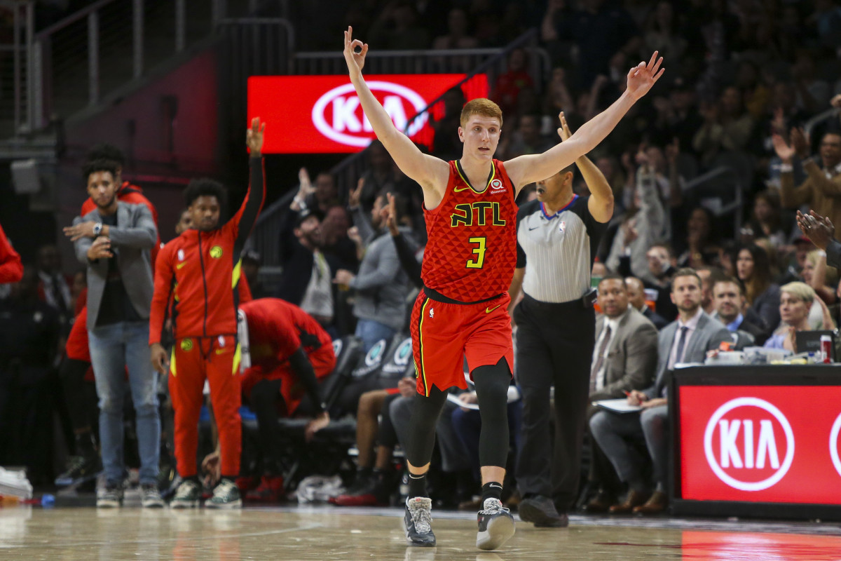 Nov 5, 2019; Atlanta, GA, USA; Atlanta Hawks guard Kevin Huerter (3) reacts after a three point basket against the San Antonio Spurs in the fourth quarter at State Farm Arena.