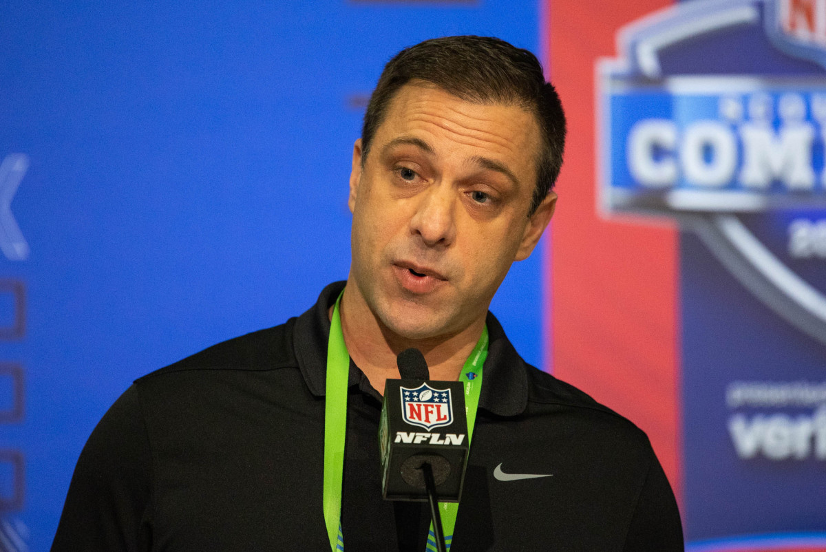 Mar 1, 2022; Indianapolis, IN, USA; Kansas City Chiefs general manager Brett Veach talks to the media during the 2022 NFL Combine. Mandatory Credit: Trevor Ruszkowski-USA TODAY Sports