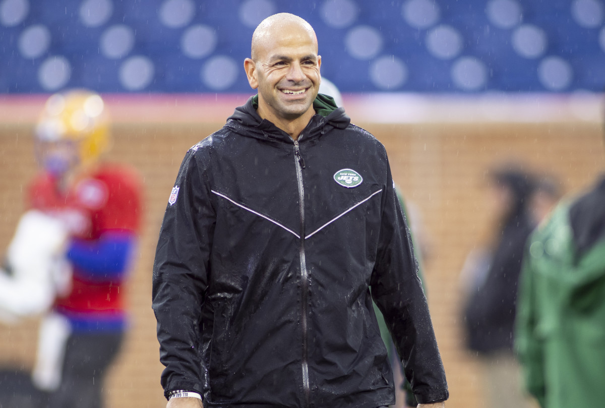 Feb 2, 2022; Mobile, AL, USA; New York Jets head coach Robert Saleh visits during National practice for the 2022 Senior Bowl in Mobile, AL, USA. Mandatory Credit: Vasha Hunt-USA TODAY Sports