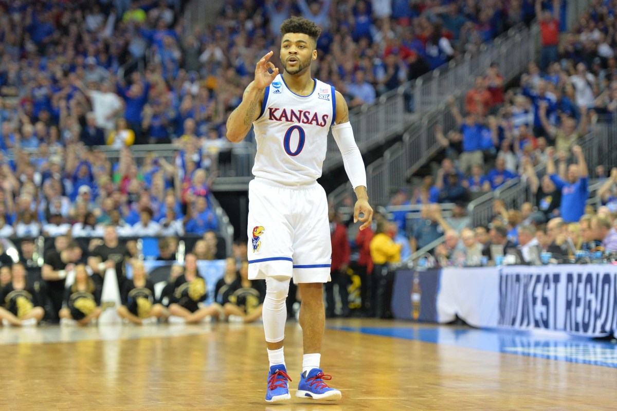 Mar 23, 2017; Kansas City, MO, USA; Kansas Jayhawks guard Frank Mason III (0) reacts during the second half against the Purdue Boilermakers in the semifinals of the midwest Regional of the 2017 NCAA Tournament at Sprint Center. Mandatory Credit: Denny Medley-USA TODAY Sports