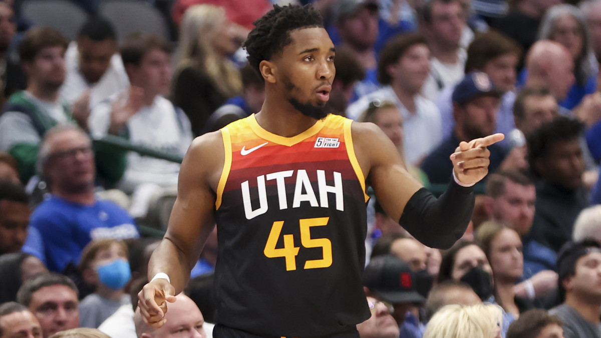 Utah Jazz guard Donovan Mitchell (45) reacts against the Dallas Mavericks during the second quarter in game two of the first round of the 2022 NBA playoffs.