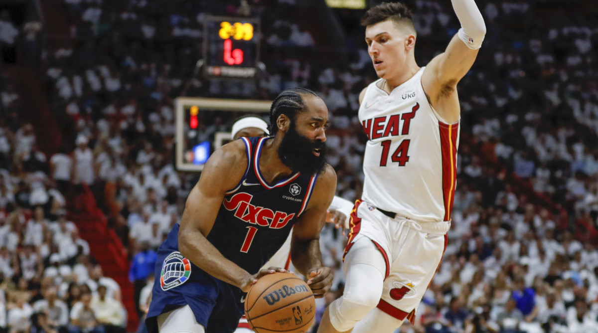 Philadelphia 76ers guard James Harden (1) moves to the basket as Miami Heat guard Tyler Herro (14) defends in the third quarter during game one of the second round for the 2022 NBA playoffs
