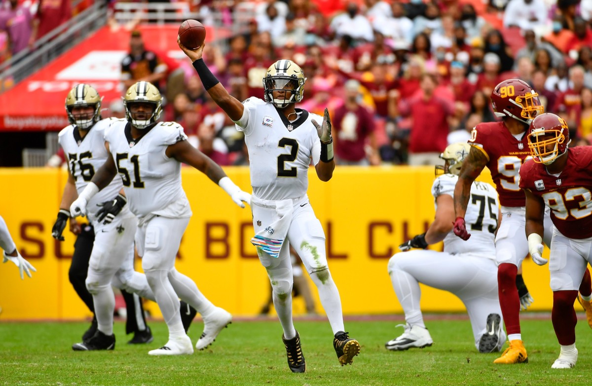 New Orleans Saints quarterback Jameis Winston (2) attempts a pass against Washington Football Team. Mandatory Credit: Brad Mills-USA TODAY Sports