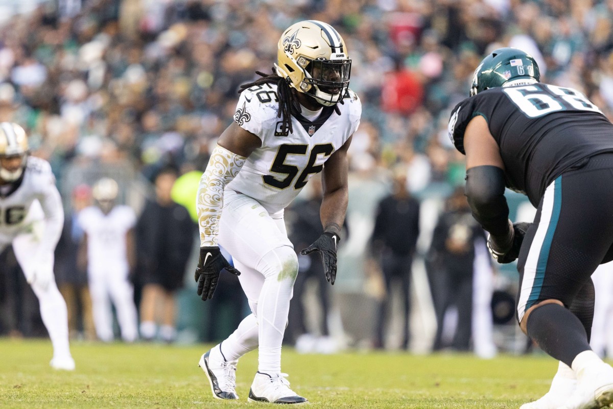 New Orleans Saints linebacker Demario Davis (56) in action against the Philadelphia Eagles. Mandatory Credit: Bill Streicher-USA TODAY Sports