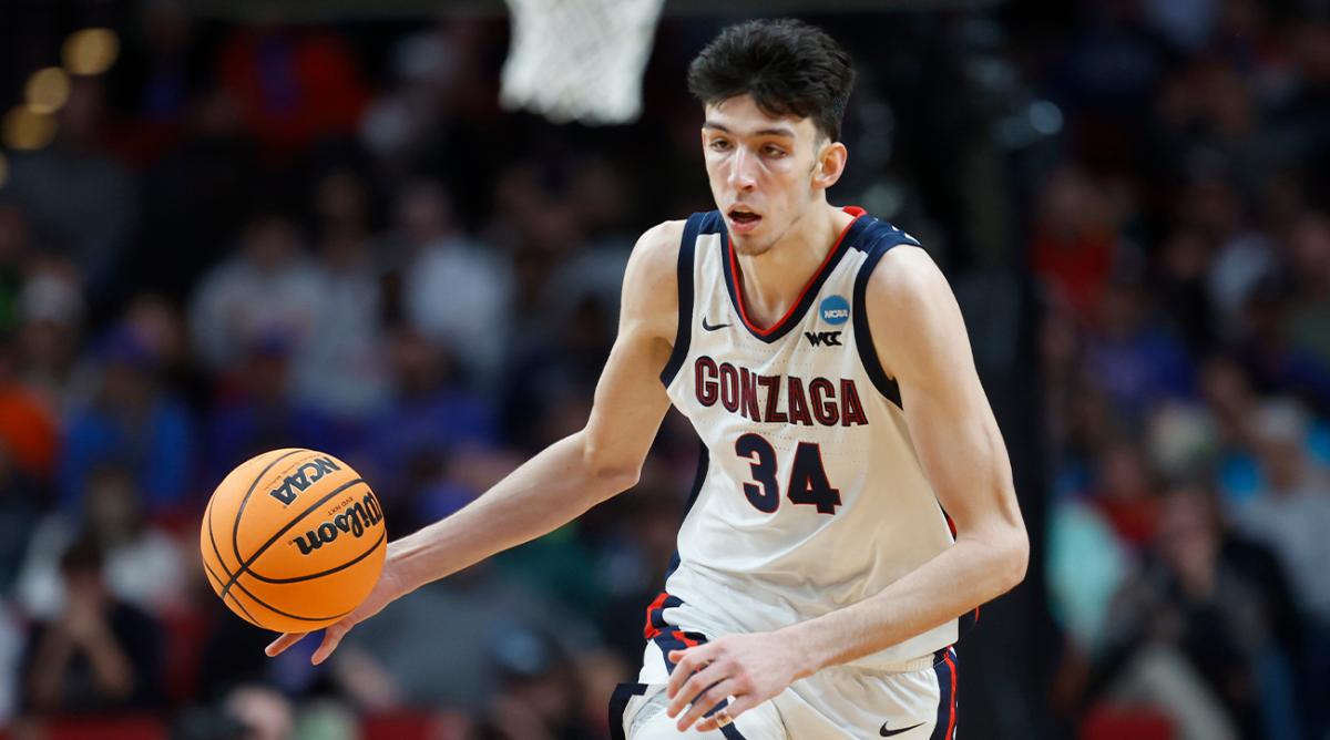 FILE - Gonzaga center Chet Holmgren (34) moves the ball against Georgia State during the second half of a first round NCAA college basketball tournament game, Thursday, March 17, 2022, in Portland, Ore. Houston, Detroit and Orlando share the best odds to win the draft lottery on Tuesday, May 17, 2022, and the No. 1 pick in the NBA draft. All three are already loaded with young players, even before the possibility of adding someone like Chet Holmgren, Paolo Banchero or Jabari Smith.