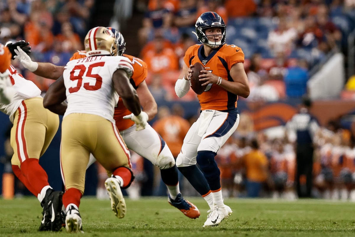 Denver quarterback Drew Lock (3) looks to pass as 49ers DE Kentavius Street (95) rushes. Mandatory Credit: Isaiah J. Downing-USA TODAY