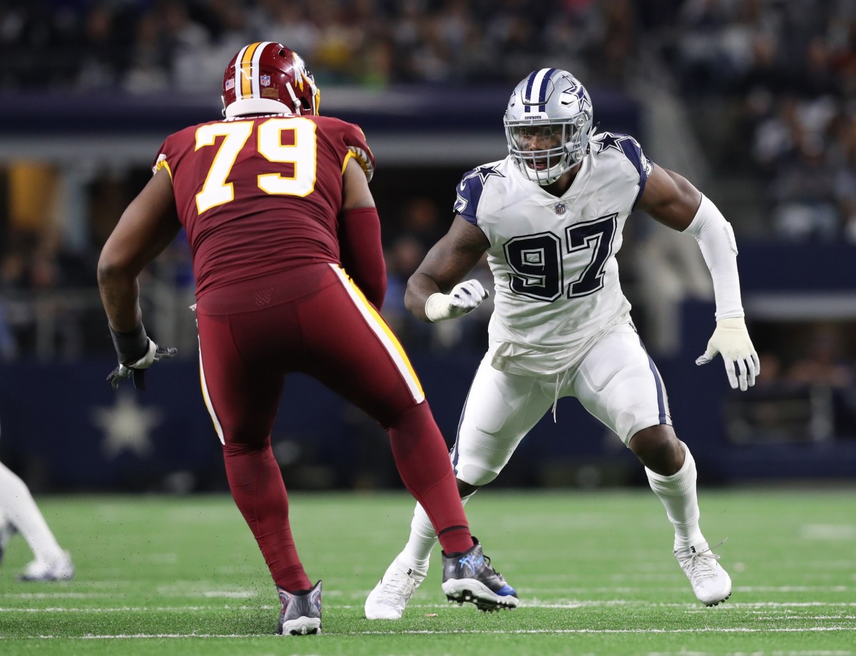Nov 30, 2017; Dallas Cowboys defensive end Taco Charlton (97) rushes the passer against the Washington Redskins. Mandatory Credit: Matthew Emmons-USA TODAY Sports