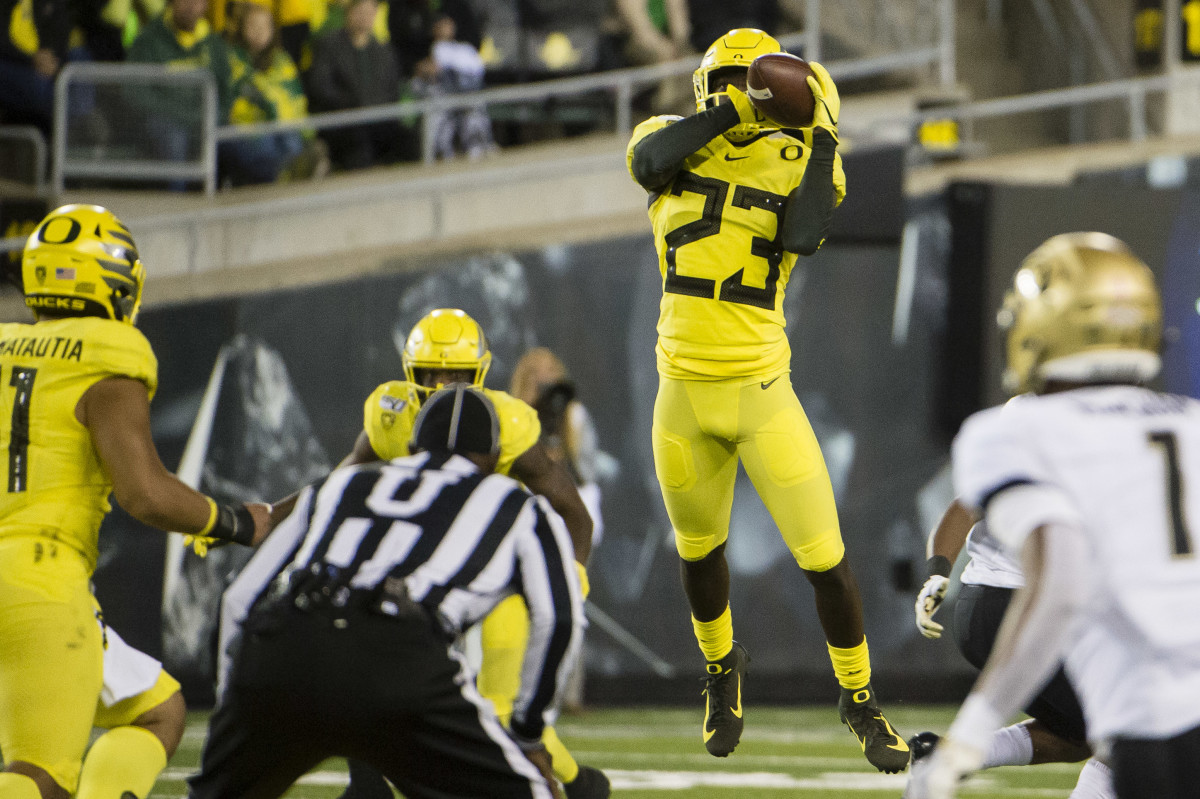 Verone McKinley III (23) intercepts a pass against during the second half against the Colorado Buffaloes at Autzen Stadium on October 11, 2019. The Ducks would win 45-3. 
