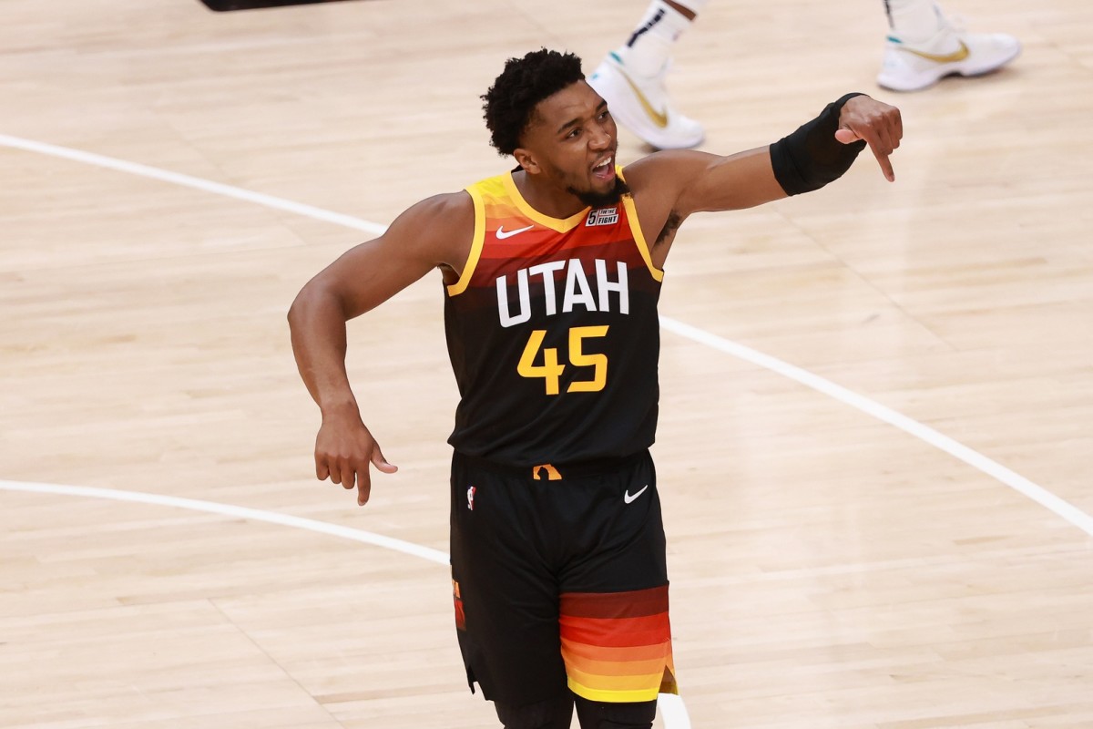 Donovan Mitchell (45) is amped up after hitting a contested three pointer against the Memphis Grizzlies