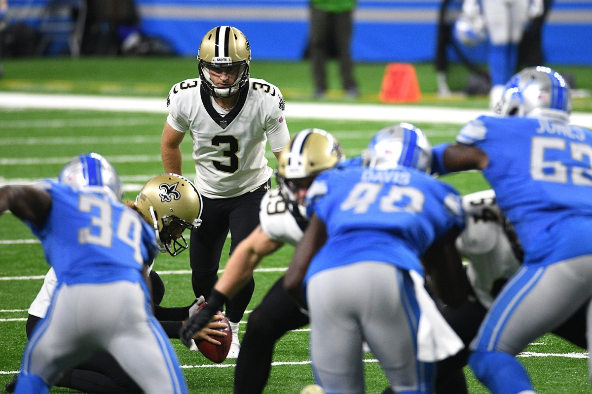 New Orleans Saints kicker Wil Lutz (3) kicks a point after attempt against the Detroit Lions. Mandatory Credit: Tim Fuller-USA TODAY