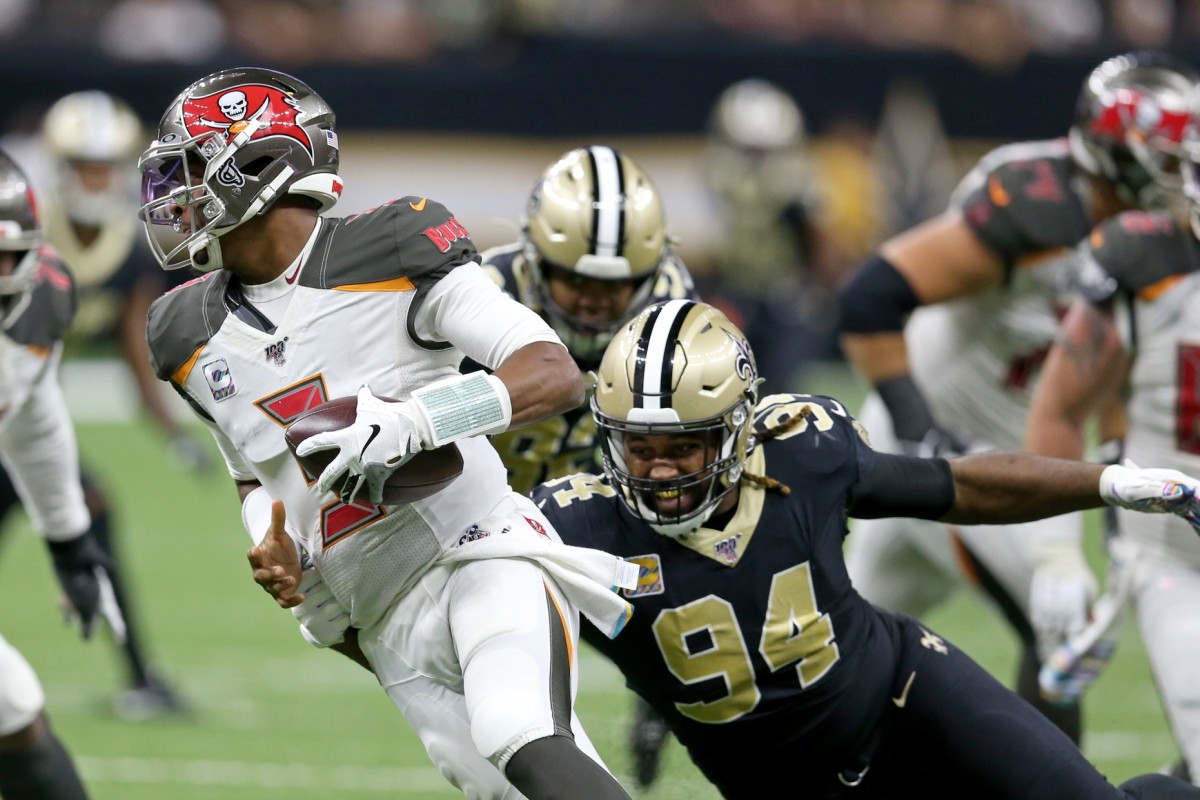 Tampa Bay quarterback Jameis Winston (3) is sacked by New Orleans Saints defensive end Cameron Jordan (94). Mandatory Credit: Chuck Cook-USA TODAY Sports