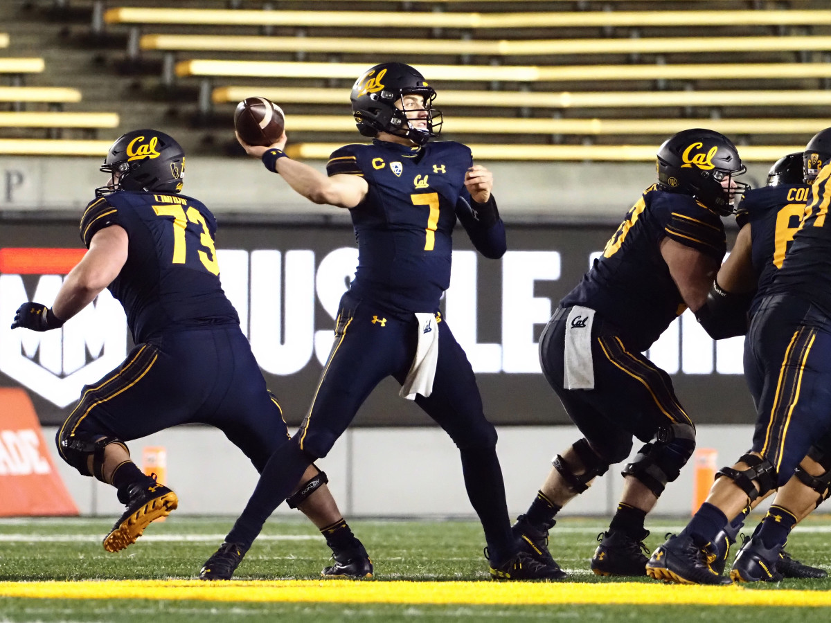 Chase Garbers throws the ball from the pocket against the Oregon Ducks during a home game in Berkeley. 
