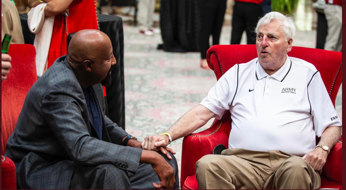 Indiana coach Mike Woodson (left) chats with Bob Knight during a basketball reunion over the weekend (Photo courtesy of IU Athletics)