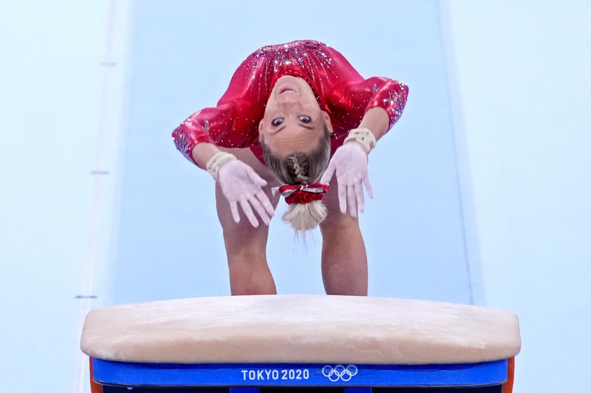 Jul 25, 2021; Tokyo, Japan; Mykayla Skinner (USA) competes on the vault in the womens gymnastics qualifications during the Tokyo 2020 Olympic Summer Games at Ariake Gymnastics Centre. Mandatory Credit: Robert Deutsch-USA TODAY Network