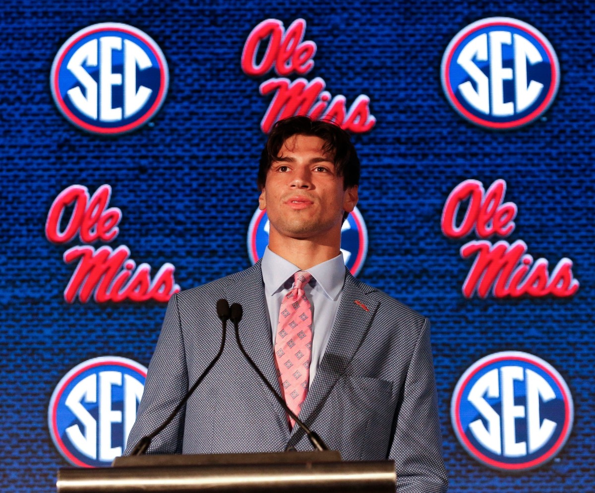 Ole Miss quarterback Matt Corral speaks in the main media room during SEC Media Days at the Hyatt Regency in Hoover, Ala., Tuesday, July 20, 2021.