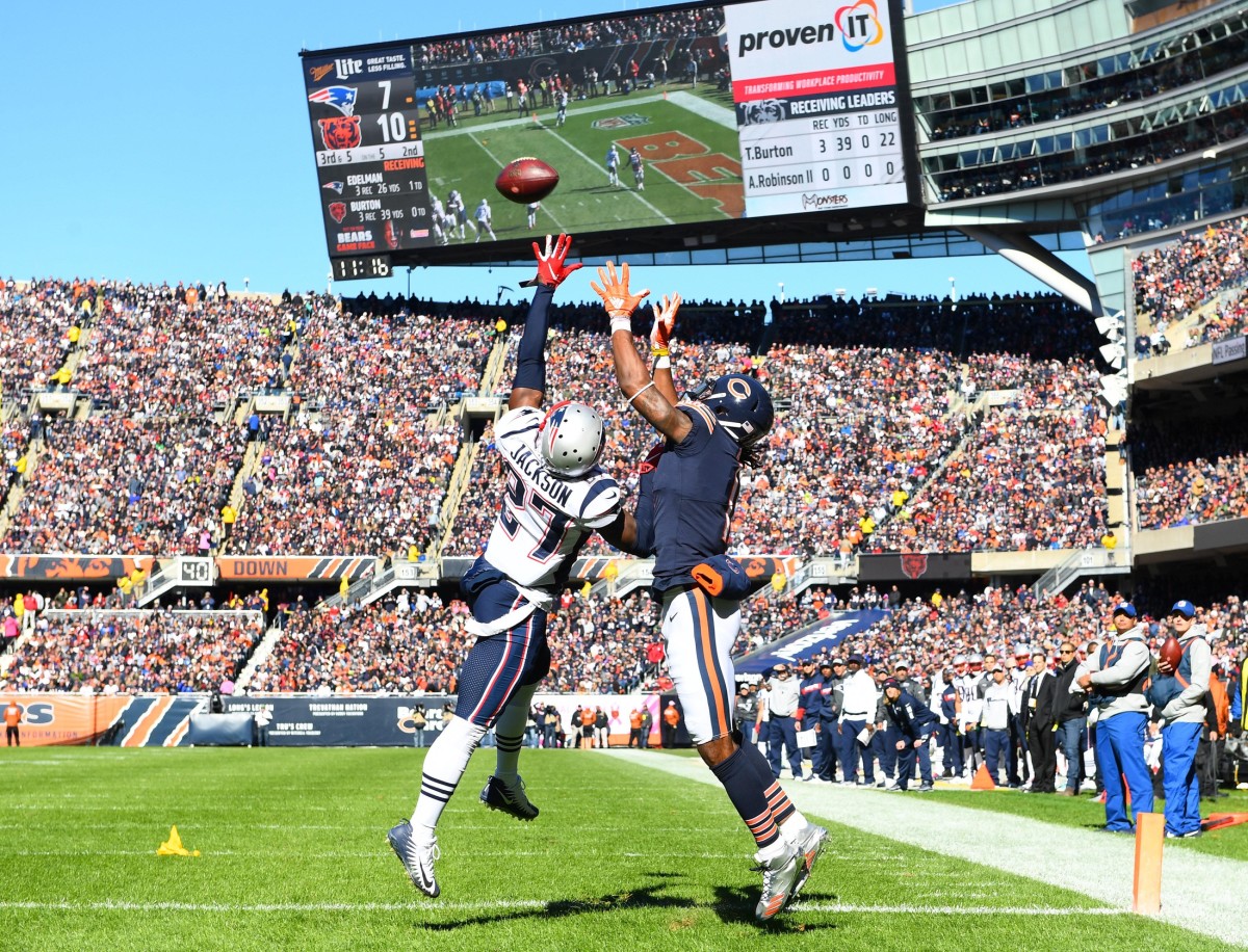 Chicago Bears receiver Kevin White (11) attempts to make a catch over Patriots defensive back J.C. Jackson (27). Mandatory Credit: Mike DiNovo-USA TODAY Sports