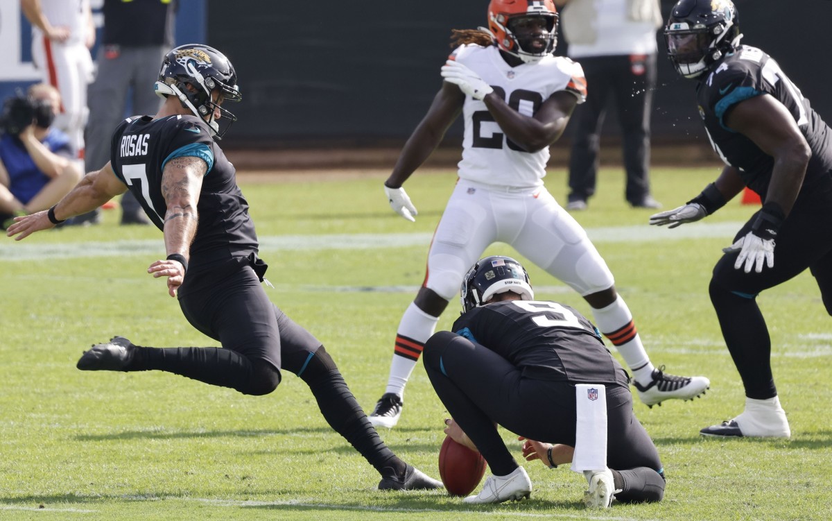 Jacksonville Jaguars kicker Aldrick Rosas kicks a field goal against the Cleveland Browns. Mandatory Credit: Reinhold Matay-USA TODAY