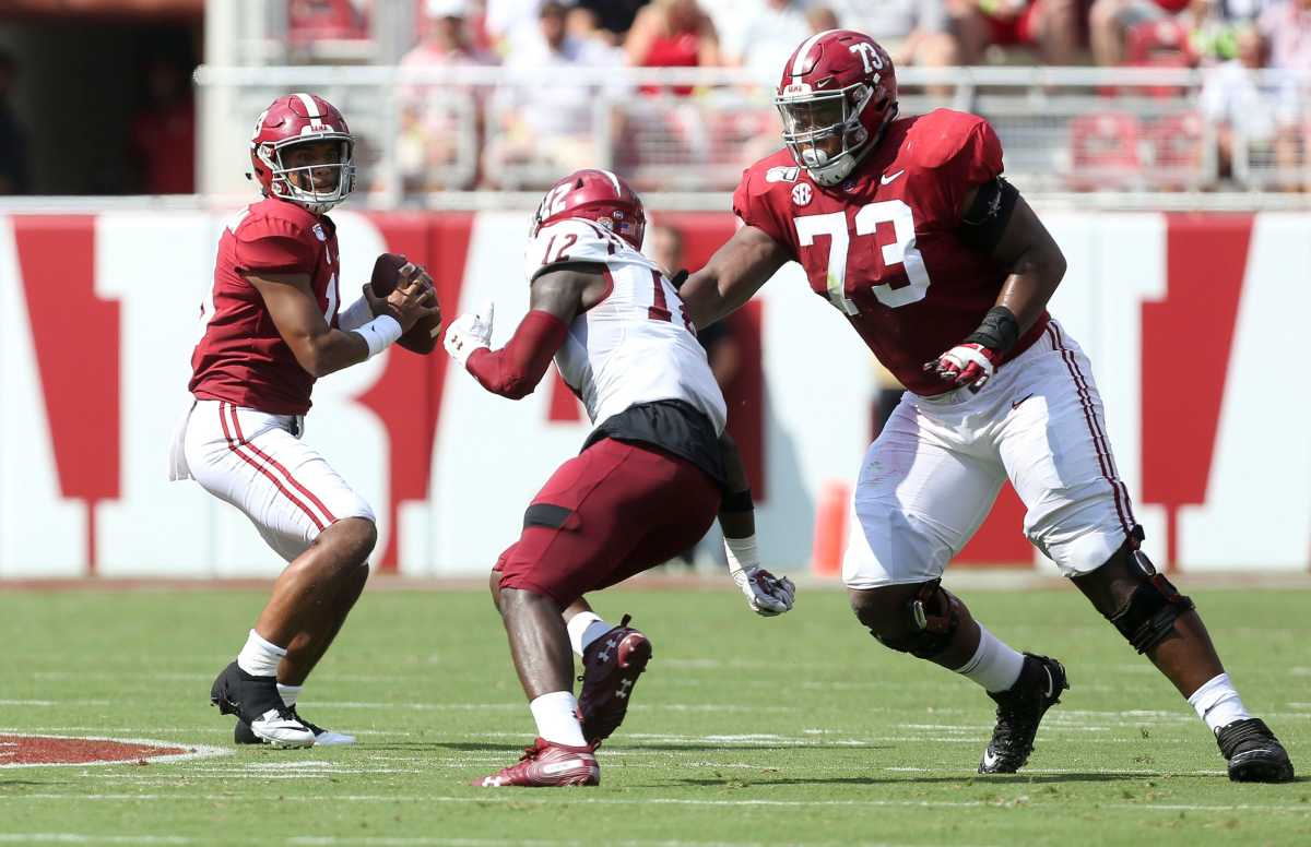 A massive offensive tackle with impressive movement skills, Evan Neal may be a future first-round pick. 