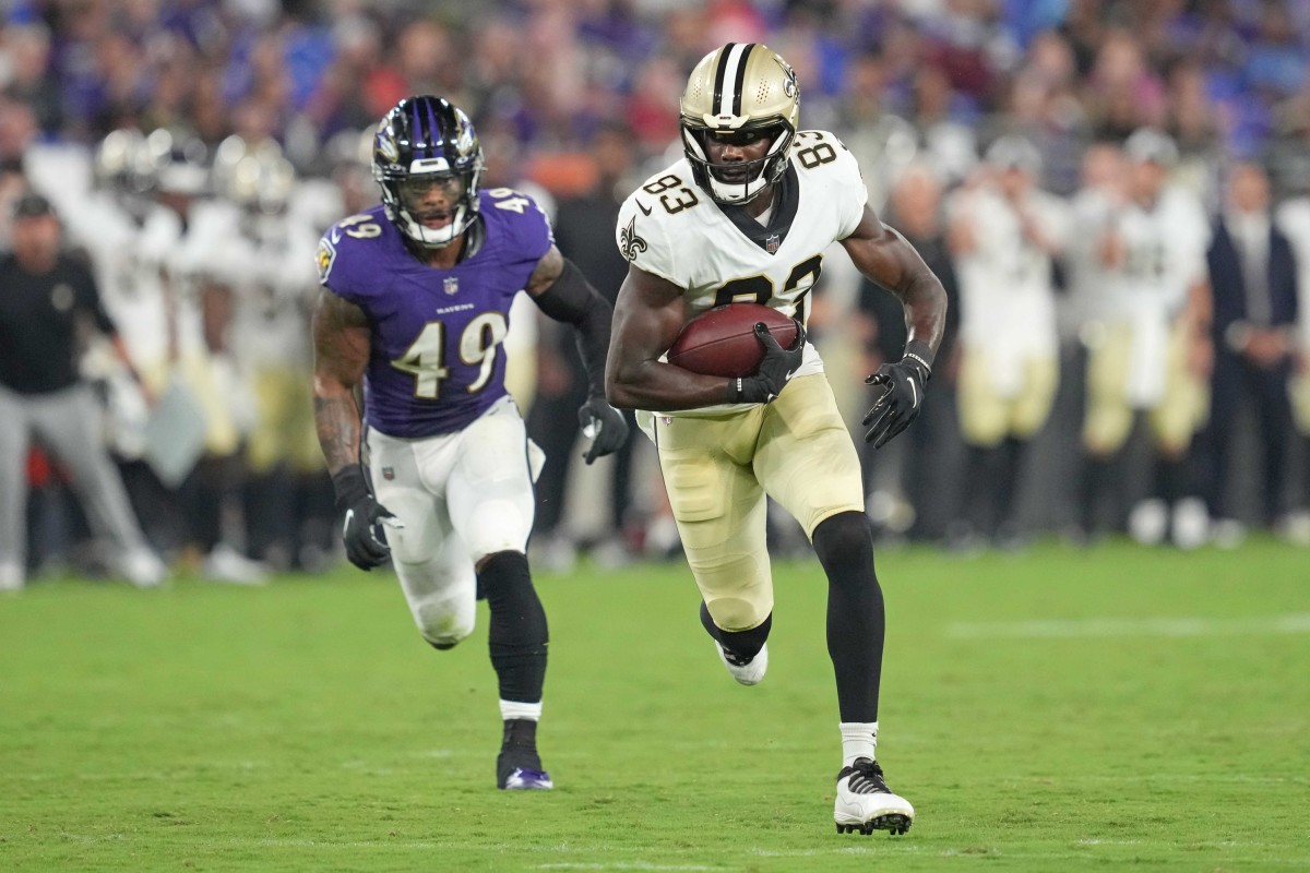 New Orleans Saints tight end Juwan Johnson (83) makes a catch against the Baltimore Ravens. Mandatory Credit: Mitch Stringer-USA TODAY 
