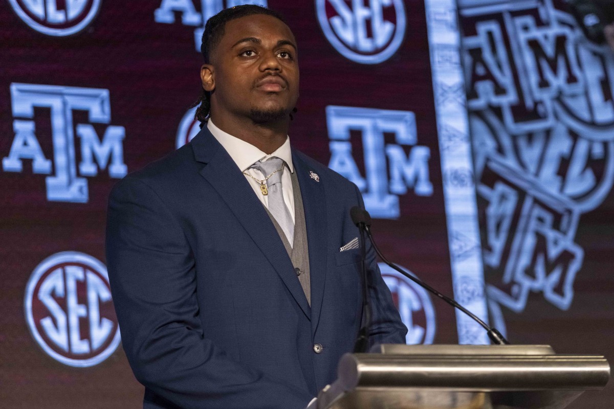 Jul 21, 2021; Hoover, Alabama, USA; Texas A&M Aggies defensive lineman DeMarvin Leal talks with the media during SEC Media Days at Hyatt Regency Birmingham.