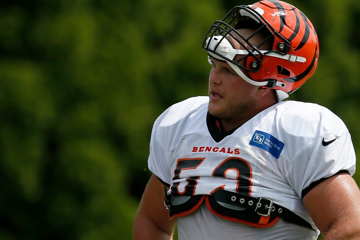 Cincinnati Bengals center Billy Price (53) walks between drills during a training camp practice at the Paul Brown Stadium training field in downtown Cincinnati on Wednesday, Aug. 4, 2021.
