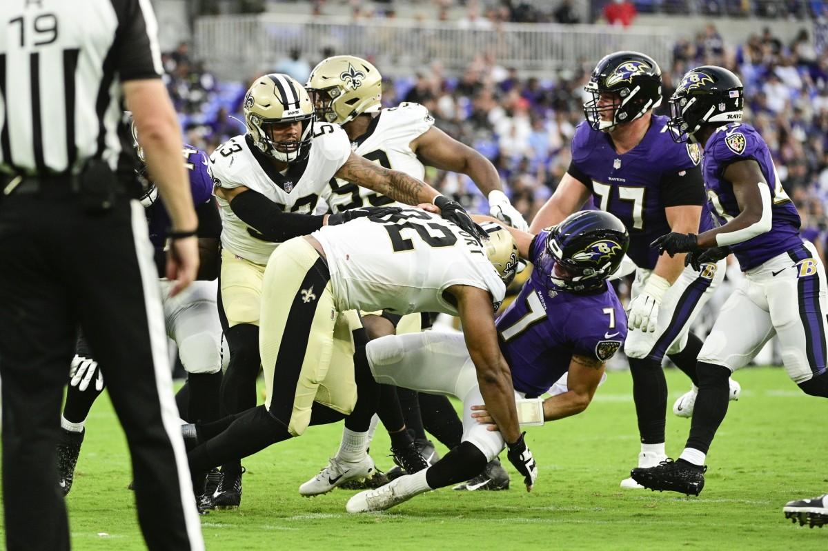 New Orleans Saints defensive end Marcus Davenport (92) takes down Baltimore Ravens quarterback Trace McSorley (7). Mandatory Credit: Tommy Gilligan-USA TODAY 