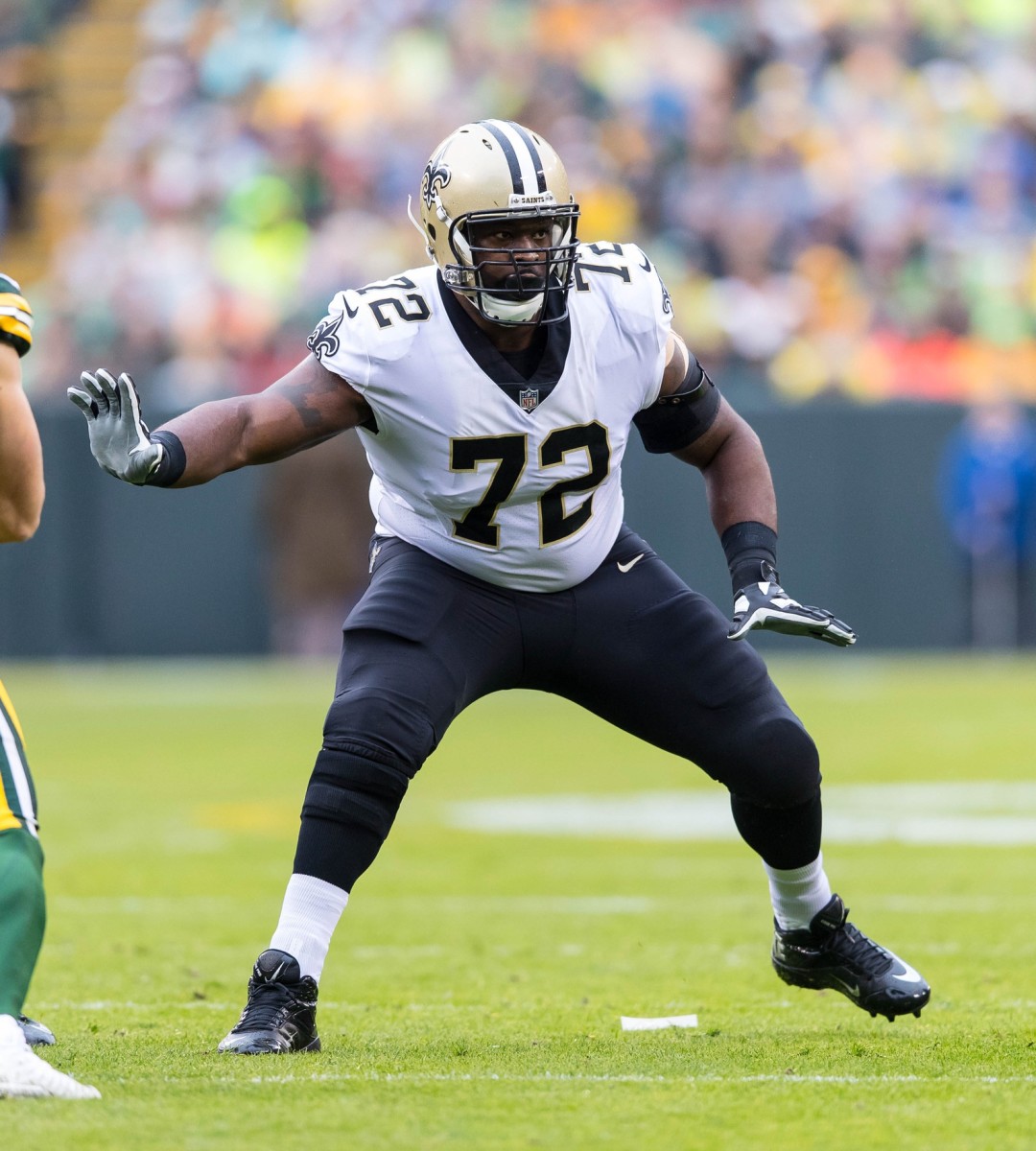 Oct 22, 2017; Green Bay, WI, USA; New Orleans Saints offensive tackle Terron Armstead (72) against the Green Bay Packers at Lambeau Field. Mandatory Credit: Jeff Hanisch-USA TODAY