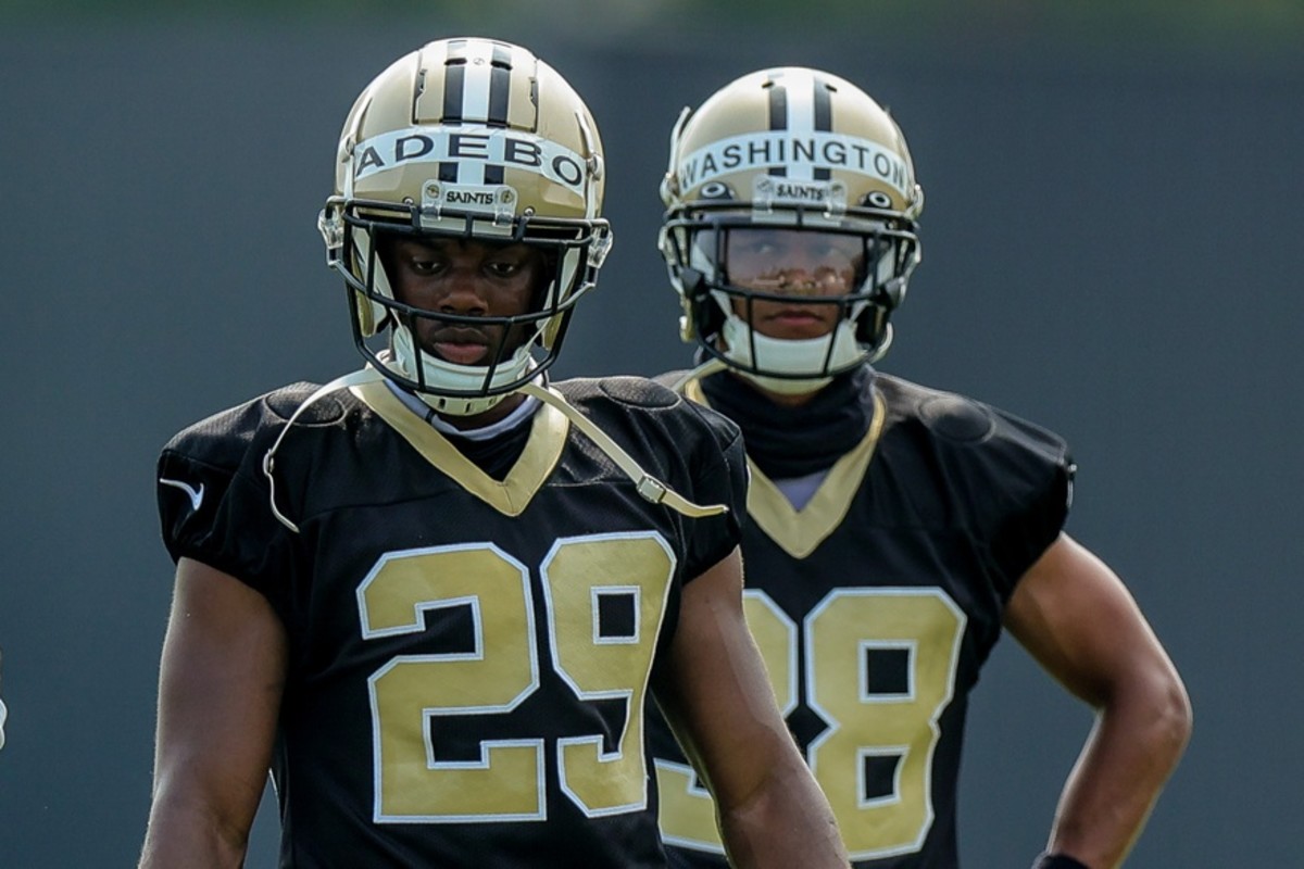 New Orleans Saints cornerback Paulson Adebo (29) and defensive back Keith Washington Jr. (38) look on during a New Orleans Saints training camp session at the New Orleans Saints Training Facility. Mandatory Credit: Stephen Lew-USA TODAY Sports