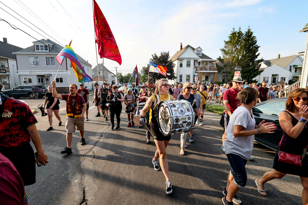 On match days, DCFC’s Northern Guard marches half a mile through Hamtramck to Keyworth Stadium.