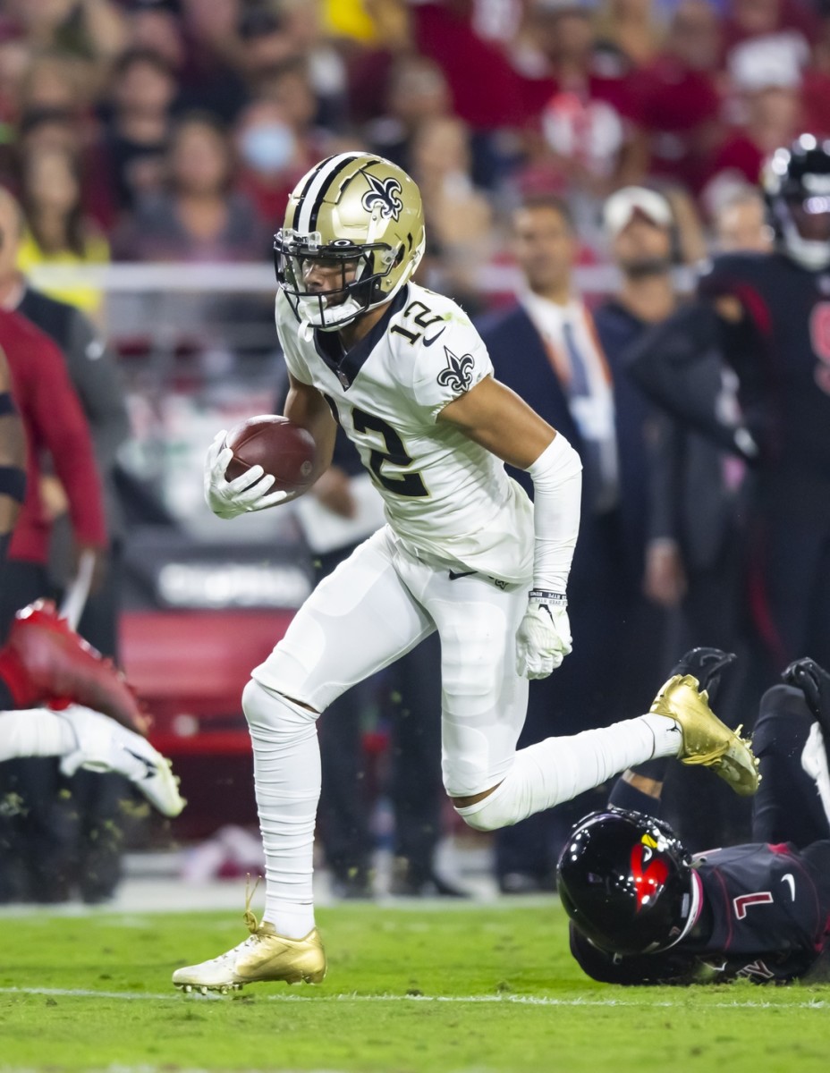 New Orleans Saints receiver Chris Olave (12) against the Arizona Cardinals. Mandatory Credit: Mark J. Rebilas-USA TODAY Sports