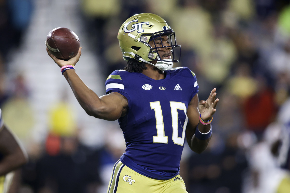 Atlanta, Georgia, USA; Georgia Tech Yellow Jackets quarterback Jeff Sims (10) throws a pass against the Virginia Cavaliers in the first half at Bobby Dodd Stadium.