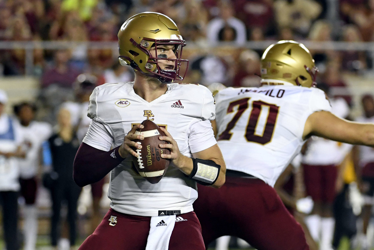 Tallahassee, Florida, USA; Boston College Eagles quarterback Phil Jurkovec (5) drops back to throw against the Florida State Seminoles during the second half at Doak S. Campbell Stadium