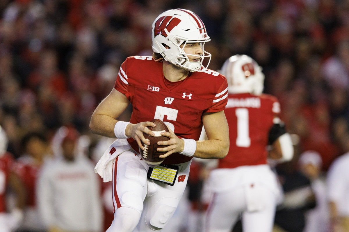 Madison, Wisconsin, USA; Wisconsin Badgers quarterback Graham Mertz (5) during the game against the Minnesota Golden Gophers at Camp Randall Stadium.