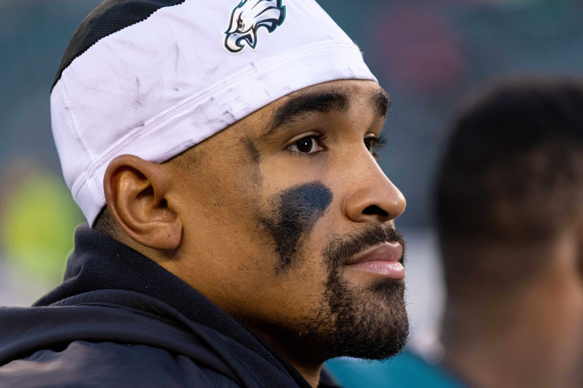 Philadelphia Eagles quarterback Jalen Hurts (1) on the field after a victory against the Tennessee Titans at Lincoln Financial Field.